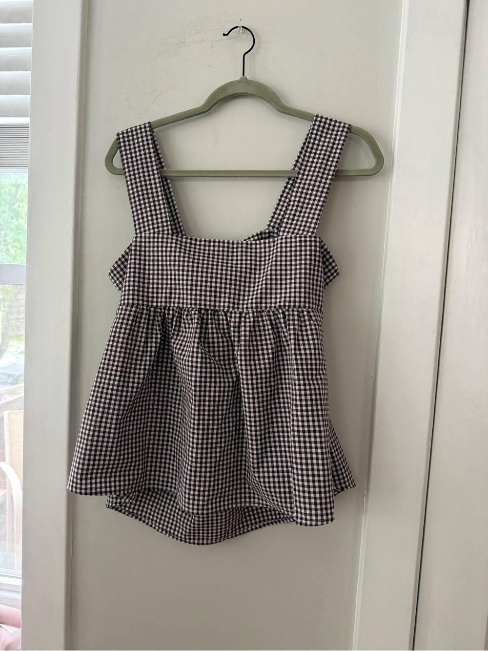 Gingham Square-Neck Peplum Tank Top - Brown/White